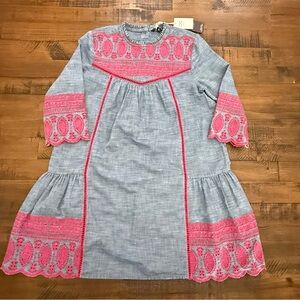 Blu & Blue Denim Dress size XL/12 pink embroidered flowers scalloped NWT $82